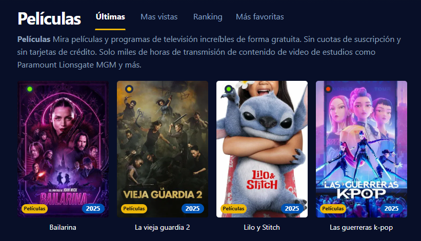 Captura de pantalla de la interfaz de usuario de Pelispedia mostrando una colecci&oacute;n de pel&iacute;culas y series en alta definici&oacute;n